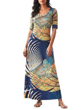 Touch Express Long Maxi Dress (Blue, Green, Orange, Yellow Swirls - Size Large)